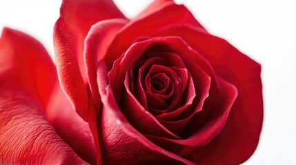 Vibrant red rose against white backdrop. Up close. Lovely bloom.