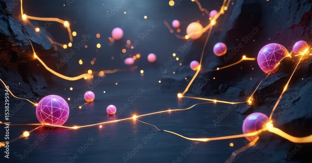 Poster abstract glowing spheres connected by luminous lines. dark background emphasizes vibrant energy, cre