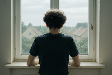 A young male standing with arms resting on the windowsill, looking out of an closed window
