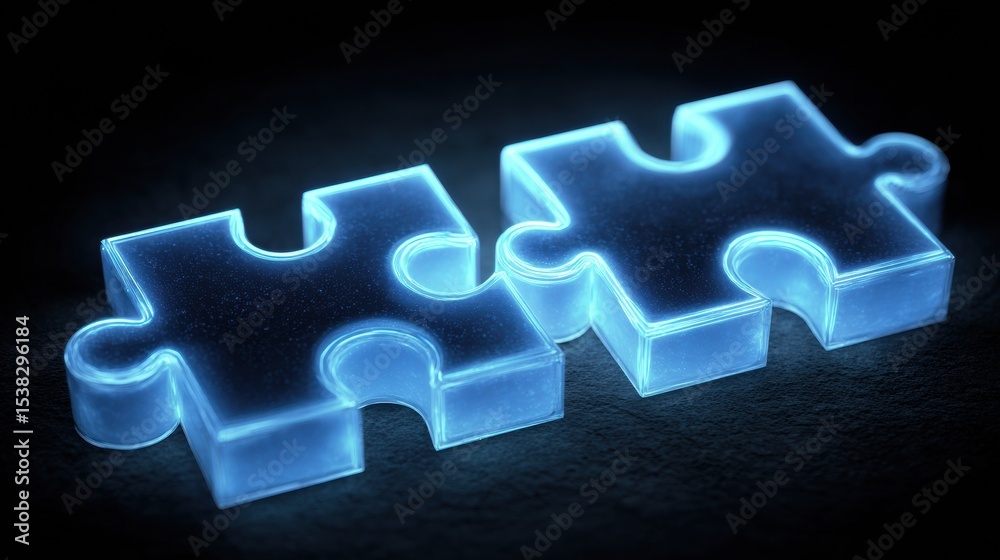 Poster Glowing Puzzle Pieces Interconnected in a Dark Environment Showcasing Unity and Connection