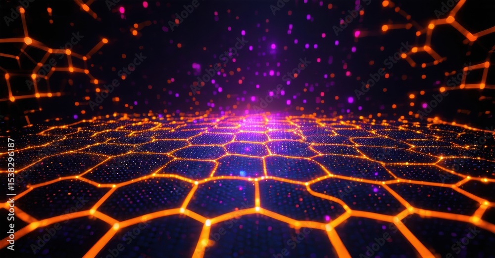 Aufkleber Abstract digital landscape. Glowing hexagonal grid extends toward bright purple center. Orange lines connect distant points. Dark background creates depth.