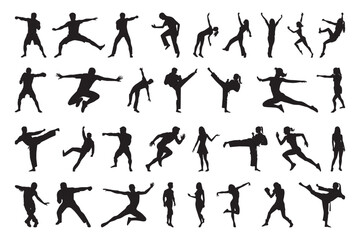 Dynamic Human Movement Silhouette Vector Icons Set – Black and White People Activity Poses