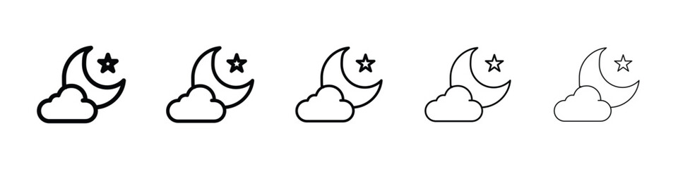 Cloud moon icons in black stroke designs on white background