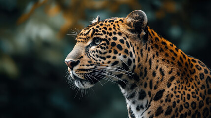 Close-up side view of majestic leopard in jungle habitat ideal for wildlife photography campaigns or endangered species awareness