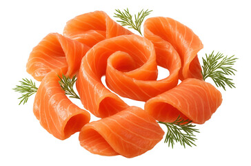 Fresh salmon slices artfully arranged with sprigs of dill for garnish.
