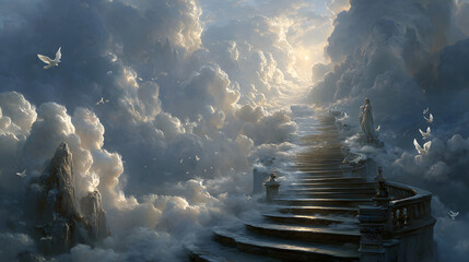 The image portrays a divine stairway leading to a bright, heavenly light surrounded by clouds. Glowing angelic figures and white doves enhance the ethereal atmosphere.