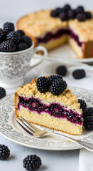 A rich blackberry pie slice sits on an ornate plate with berries and soft lighting.









