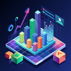 Isometric Business Growth Chart with Arrow and Data Visualization on Platform Vector Art