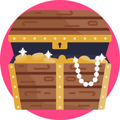 Wooden treasure chest filled with gold coins and jewels.