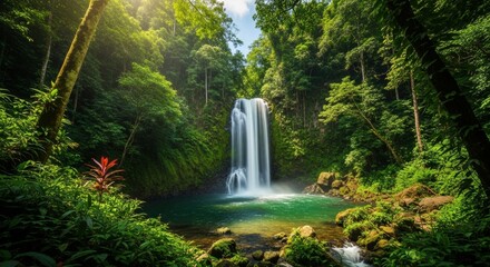 Obraz premium Lush Rainforest Waterfall Cascading into Emerald Pool: Tranquil Nature Scene