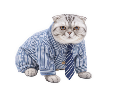 Cat pet animal feline suit costume tie striped transparency background adorable cat in formal striped suit and tie sitting isolated on white expressing charming and playful mood