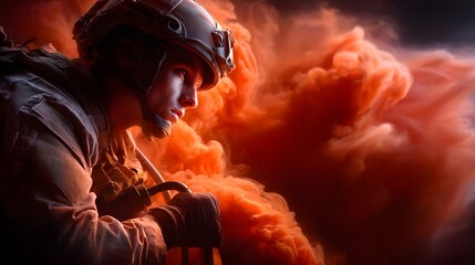 A determined military soldier in full combat gear braving the chaos and danger of a battle scene surrounded by smoke and the explosive forces of war