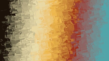 A bold gradient of black, beige, gold, orange, red, and teal in a crystalline mosaic—like dusk colliding with dawn, full of emotion and energy.