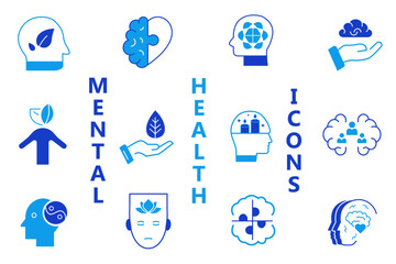 Mental Health solid cons set. Depression, anxiety, stress, mental care, empathy, bipolar, psychology, panic, mind disorder, healthy lifestyle and mental balance icons. Vector editable illustration
