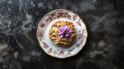 Aromatic Almond Cake with Purple Flower on Vintage Plate: Exquisite Food Photography