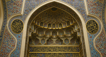 Intricate Architectural Detail of a Mosque Interior with Arabic Calligraphy Decorations