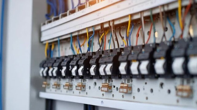 Electrical panel on IEK circuit breakers to protect electrical loads. 