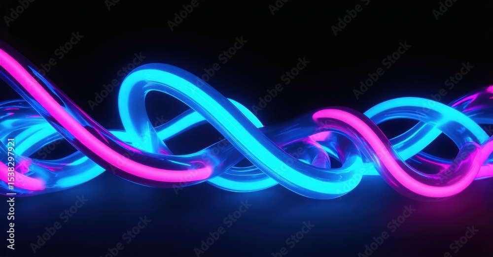 Poster Bright neon ribbons intertwine, creating abstract luminous shapes against dark background. Vivid colors, smooth curves, dynamic composition.