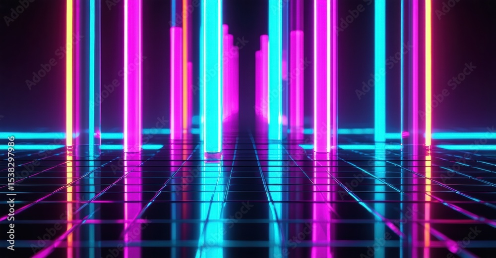 Poster neon grid extends into darkness. vertical lights create futuristic tunnel effect. vibrant colors dom