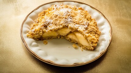 A delectable Apple Crumble: A rustic, golden-brown delight with a sweet and spiced apple filling, topped with a buttery, crumbly crust. The perfect comfort food dessert for autumn.