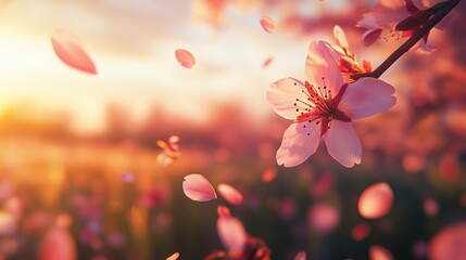 Floating cherry blossom petals catching golden sunlight evoking springtime serenity in a dreamy warm