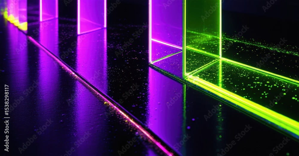 Poster neon lights create futuristic corridor. reflections shimmer across wet surface, evoking digital spac