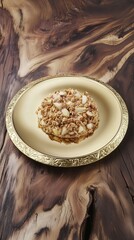 apple crumble with a moist texture, golden-brown crust, and soft interior, served in gold plate. The plate sits on a Wooden surface. The cake has a rich apple aroma, a slightly caramelized surface