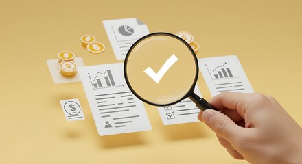 Hand Holding Magnifying Glass Over Financial Documents and Check Mark