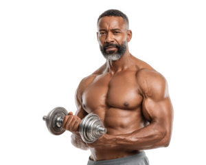 Muscular man holding metal dumbbell, shirtless, showing strong biceps and defined abs, confident expression, fitness concept, isolated on transparency background
