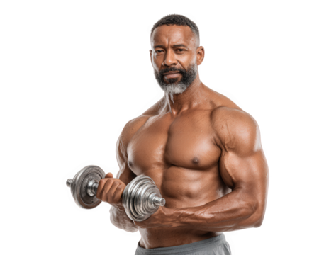 Muscular man holding metal dumbbell, shirtless, showing strong biceps and defined abs, confident expression, fitness concept, isolated on transparency background - Powered by Adobe