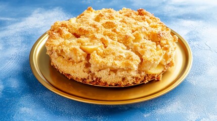 apple crumble with a moist texture, golden-brown crust, and soft interior, served in gold plate. The plate sits on a blue background