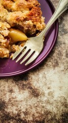 apple crumble with a moist texture, golden-brown crust, and soft interior, served in purple plate. The plate sits on a Marble surface. The cake has a rich apple aroma, a slightly caramelized surface