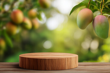 Wooden round stand with mango tree background, blurred for focus—clean mockup for showcasing products in natural style.

