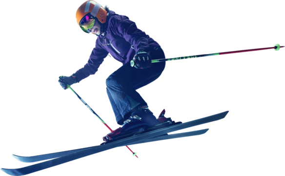 Female alpine skier wearing orange helmet and goggles performs jump with bent knees holding ski poles in dynamic flying position. Concept of training, energy and drive - Powered by Adobe