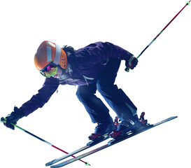 Athletic skier in orange helmet and reflective goggles performs dynamic turn mid-slope wearing full...