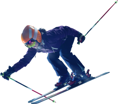 Athletic skier in orange helmet and reflective goggles performs dynamic turn mid-slope wearing full ski gear, isolated on transparent background. Concept of motion study in design. Sport competition - Powered by Adobe