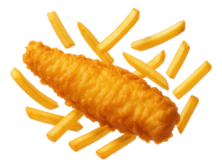 Crispy battered fish fillet accompanied by golden French fries in a classic fish and chips arrangement.