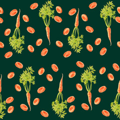Carrots. Watercolor seamless pattern orange carrots on a dark green background. Hand drawn food illustration. Hand drawn for kitchen textile design, food packaging, wrapping paper, scrapbooking