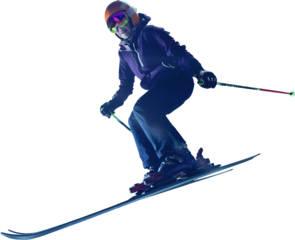 Dynamic skier wearing orange helmet and reflective goggles performs high-speed jump in crouched pose with ski poles extended forward. Concept of cold-weather safety gear, sport competition, winter