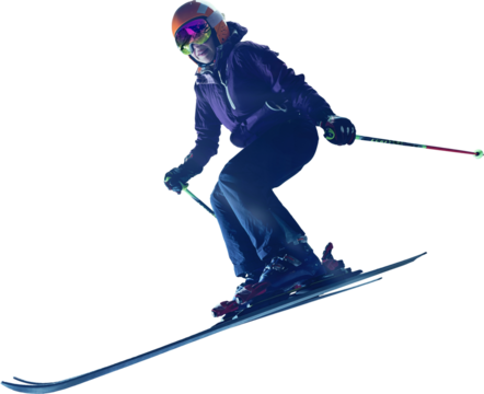 Dynamic skier wearing orange helmet and reflective goggles performs high-speed jump in crouched pose with ski poles extended forward. Concept of cold-weather safety gear, sport competition, winter