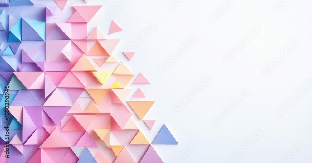 Poster colorful triangles form abstract corner design. pastel shades blend, creating modern visual impact. 