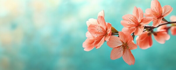 Delicate coral blossoms herald spring s arrival painting nature with gentle beauty on soft teal