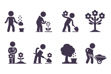 Set of gardening icons with people planting, watering, digging, and using tools. vector illustration for garden, farming, and landscaping.