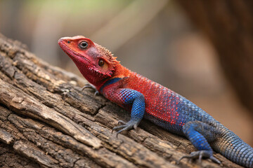 illustration of vividly colored red and blue lizard with spiny scales rests on textured log showcasing its intricate reptilian features