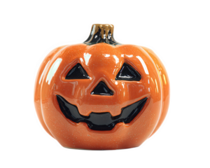 Ceramic pumpkin Halloween decoration orange glossy isolated transparency background festive autumn spooky smiling face cheerful accent for seasonal home decor