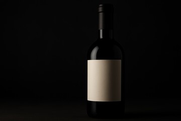 Dark wine bottle with blank beige label on black background, close-up product mockup for branding and packaging design