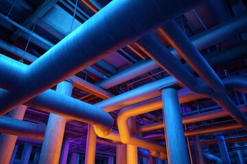 A maze of industrial pipes and pillars lit with blue and orange hues creating a complex abstract composition
