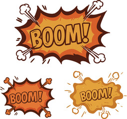Comic style boom explosion text with orange and brown colors vector illustration 