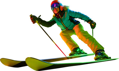 Aggressive turn by downhill skier wearing sleek gear and helmet, leaning into slope with extended...