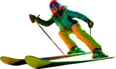 Aggressive turn by downhill skier wearing sleek gear and helmet, leaning into slope with extended poles and sharp posture. Concept of sporting risk and control, physical focus